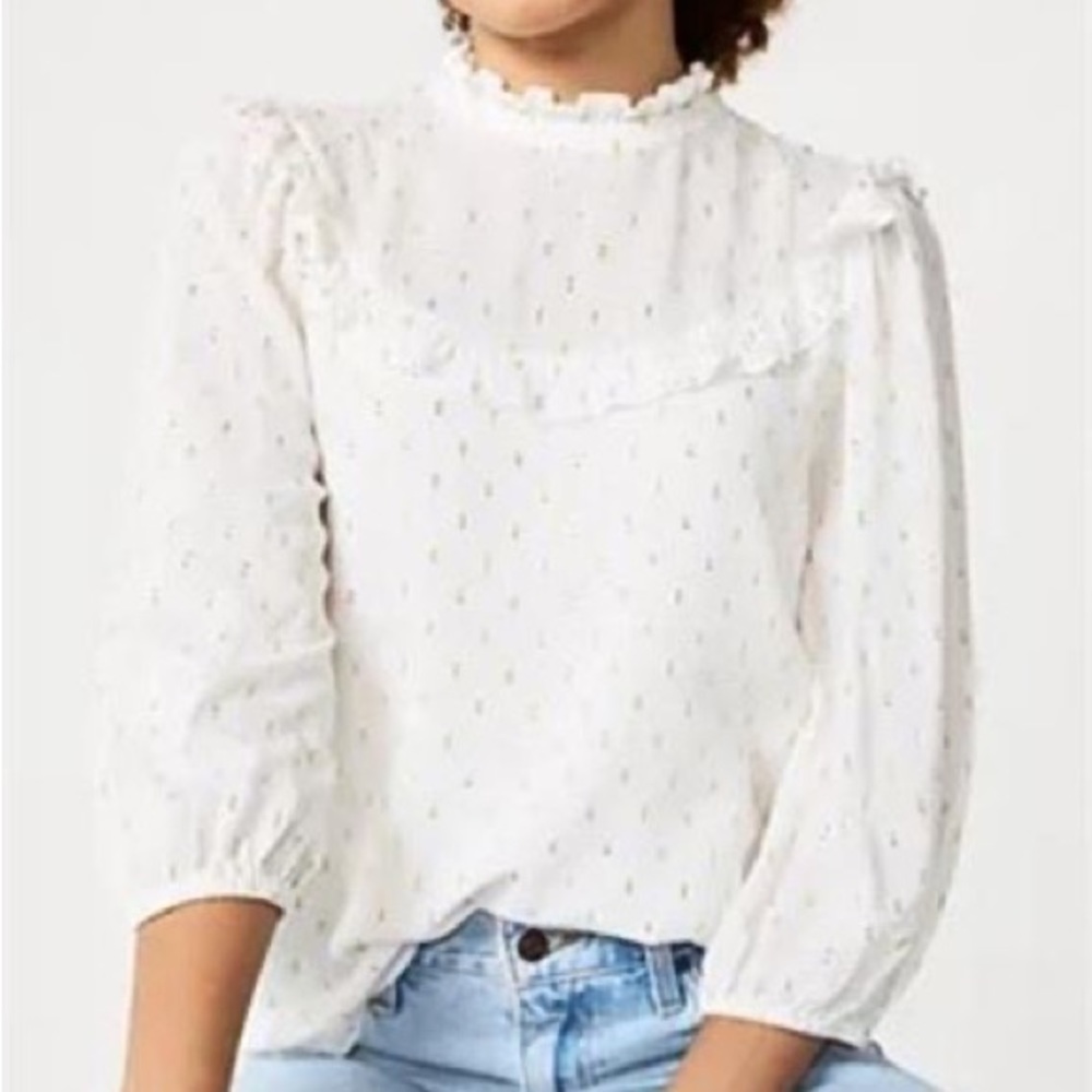 Draper James Womens Clip Dot Mockneck Blouse, Ivory/Gold Sz L